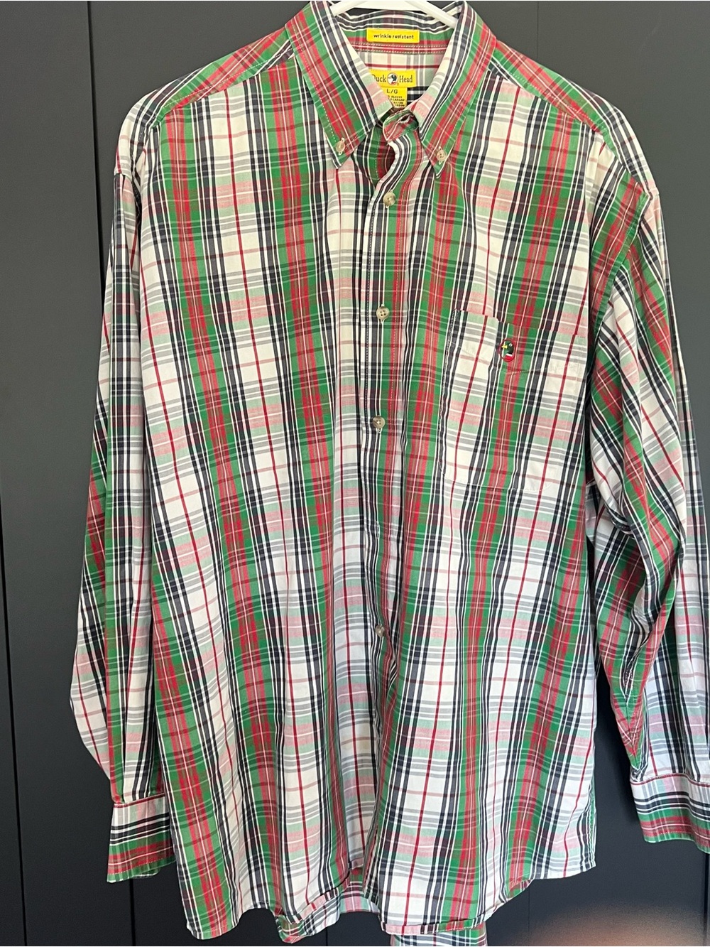 Duck head  Men's Plaid Button-Down Shirt in Red, Green & White